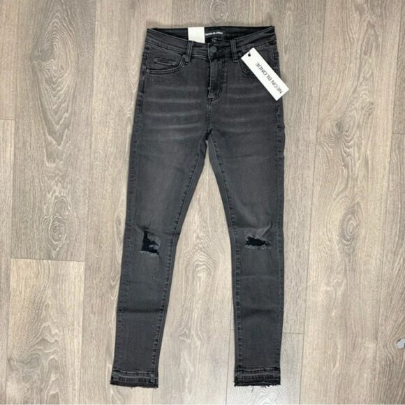 NEON BLONDE Skinny Jeans Distressed Raw hem Black Denim High rise waist Size 25 - Picture 3 of 14